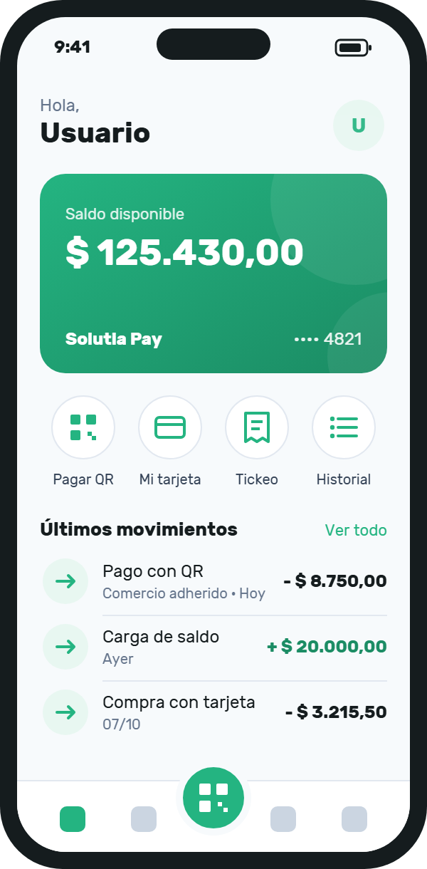 Pantalla de inicio de Solutia Pay con saldo disponible, accesos rápidos y últimos movimientos