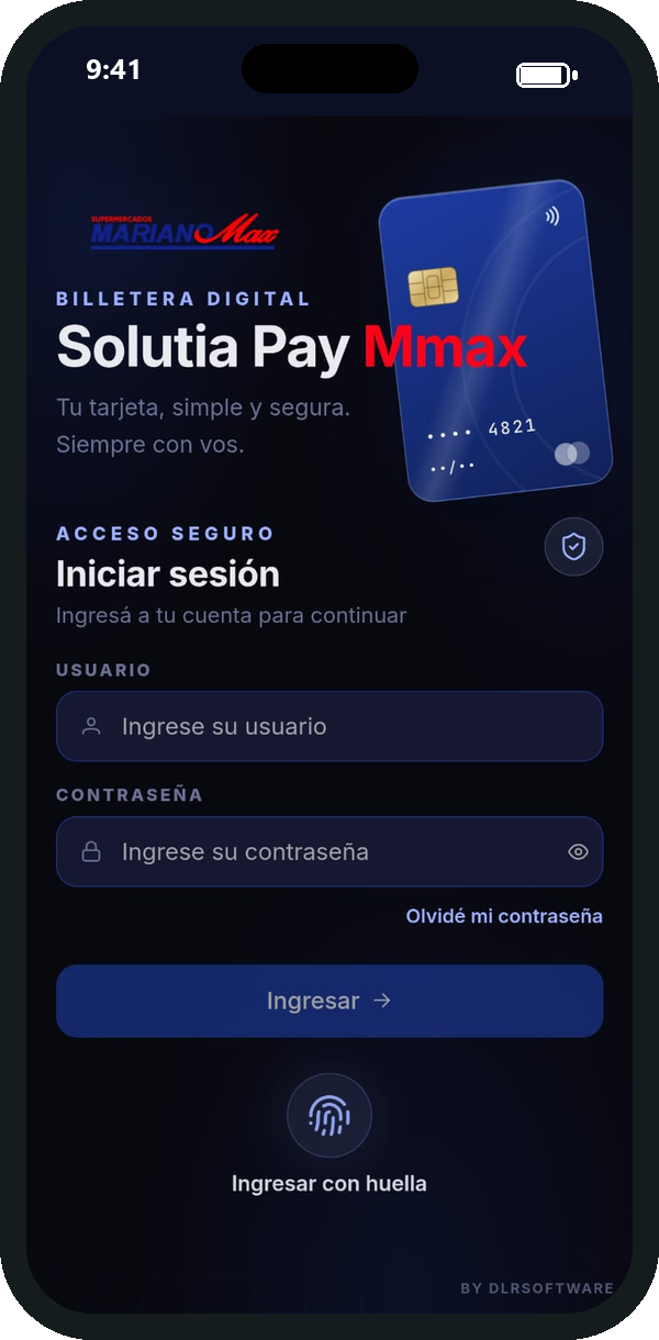 Pantalla de ingreso de Solutia Pay Mmax con usuario, contraseña e ingreso con huella
