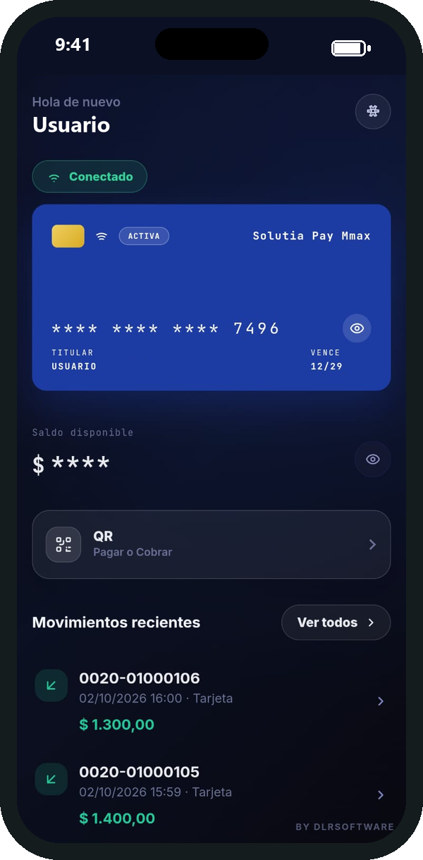 Pantalla de inicio de Solutia Pay Mmax con la tarjeta, el saldo disponible, el acceso a pagos con QR y los movimientos recientes