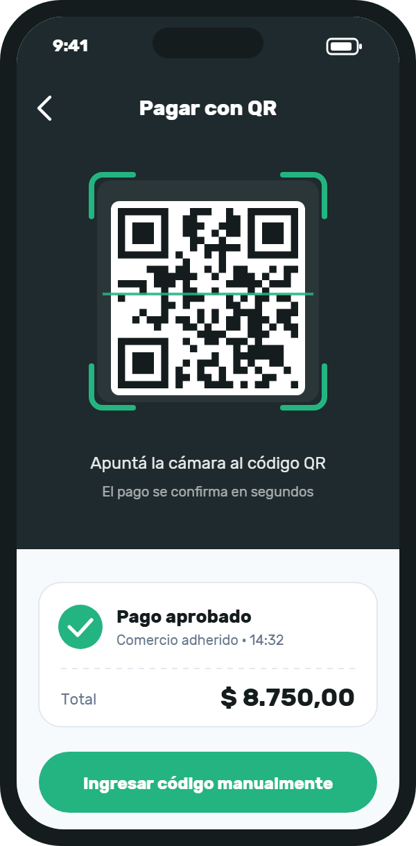 Pantalla de pago con QR de Solutia Pay con el lector de código y un pago aprobado